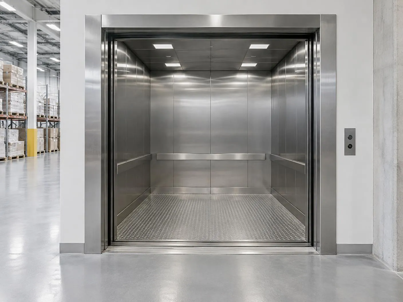 Elevador de carga com portas amplas em aço inox em ambiente comercial