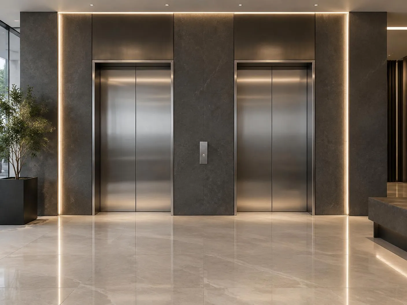 Hall comercial com dois elevadores em aço inox e revestimento em pedra