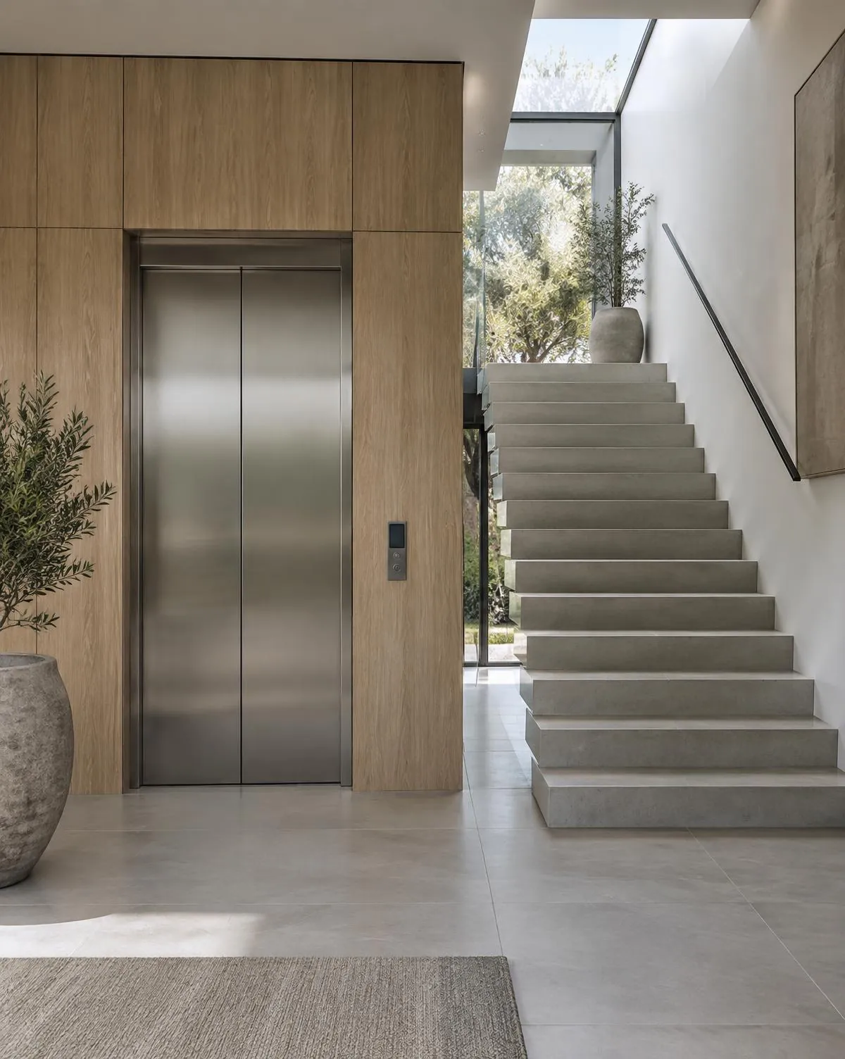 Elevador residencial com portas em aço escovado integrado a painel de madeira