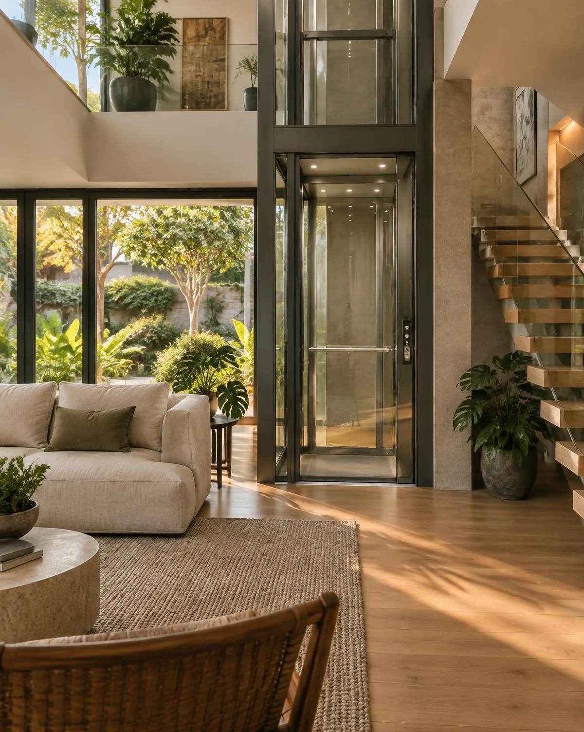 Elevador residencial com cabine de vidro integrado a uma sala de estar contemporânea